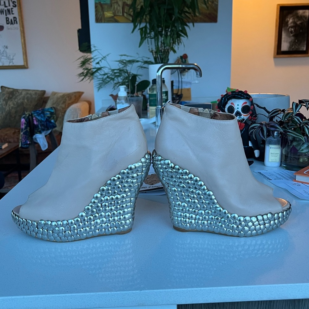 Jeffrey Campbell pink studded peep-toe wedge